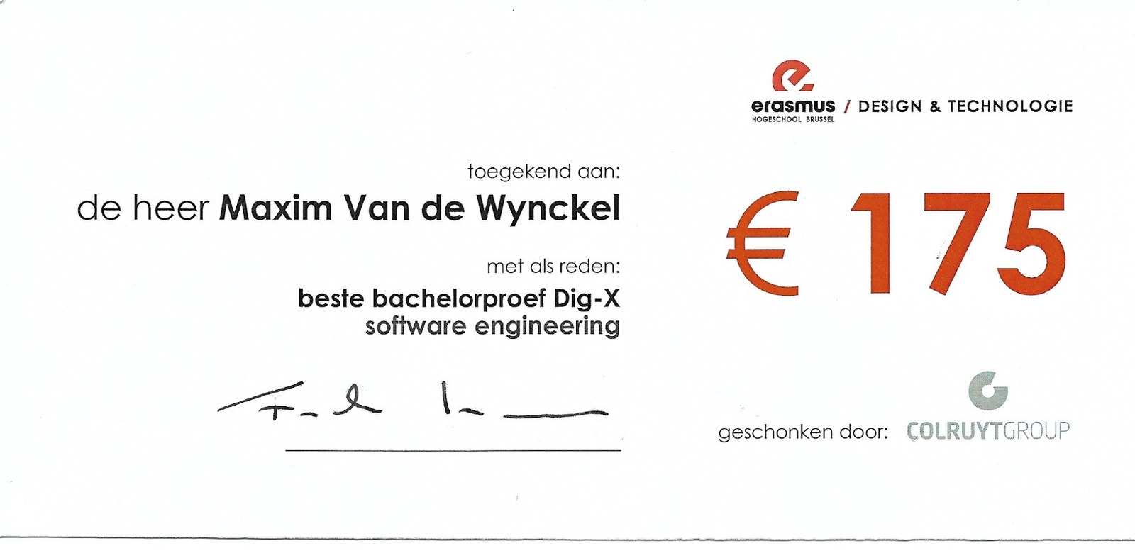 Best bachelor thesis award certificate from Erasmushogeschool Brussel