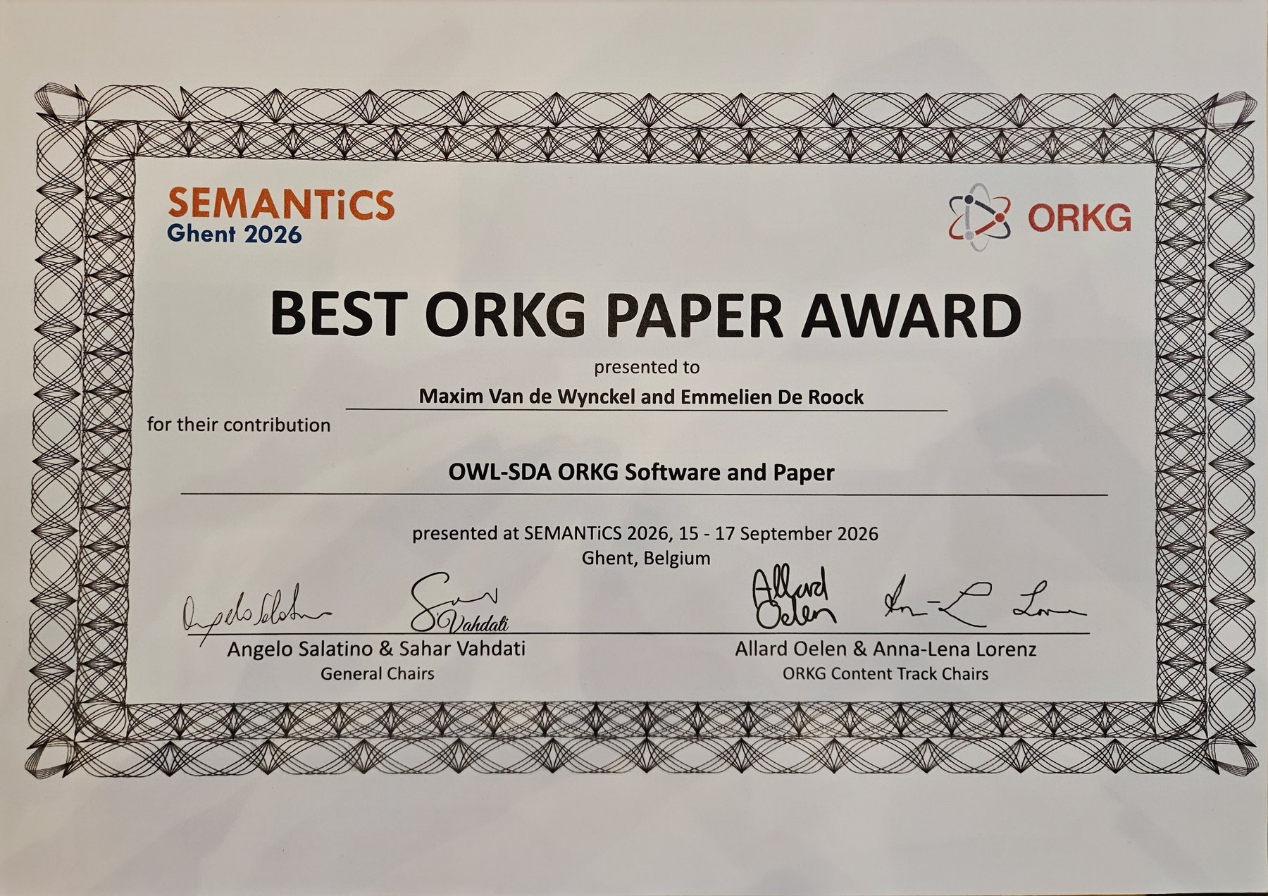 Best ORKG Paper Award certificate for OWL-SDA at SEMANTiCS 2026